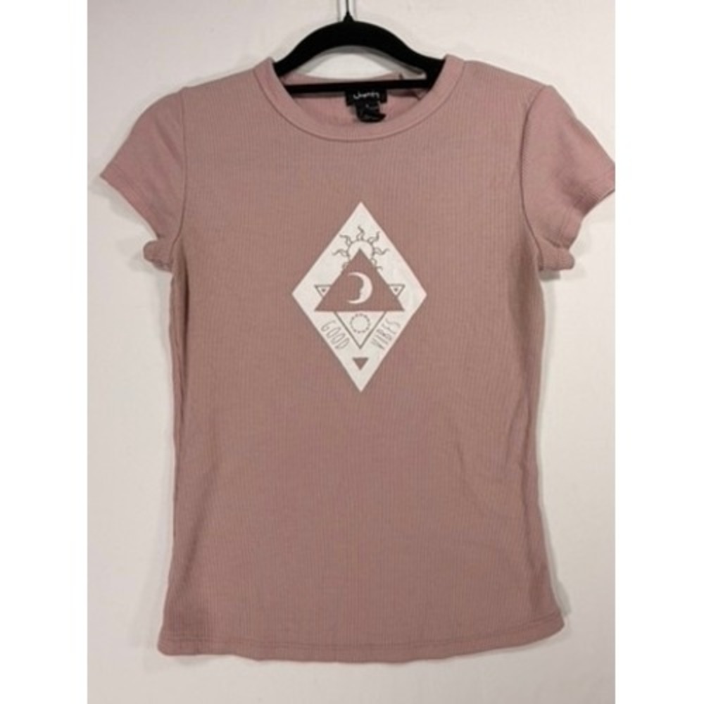 Justify Graphic Baby Tee Women Small Pink Excellent Ribbed Celestial Good Vibes